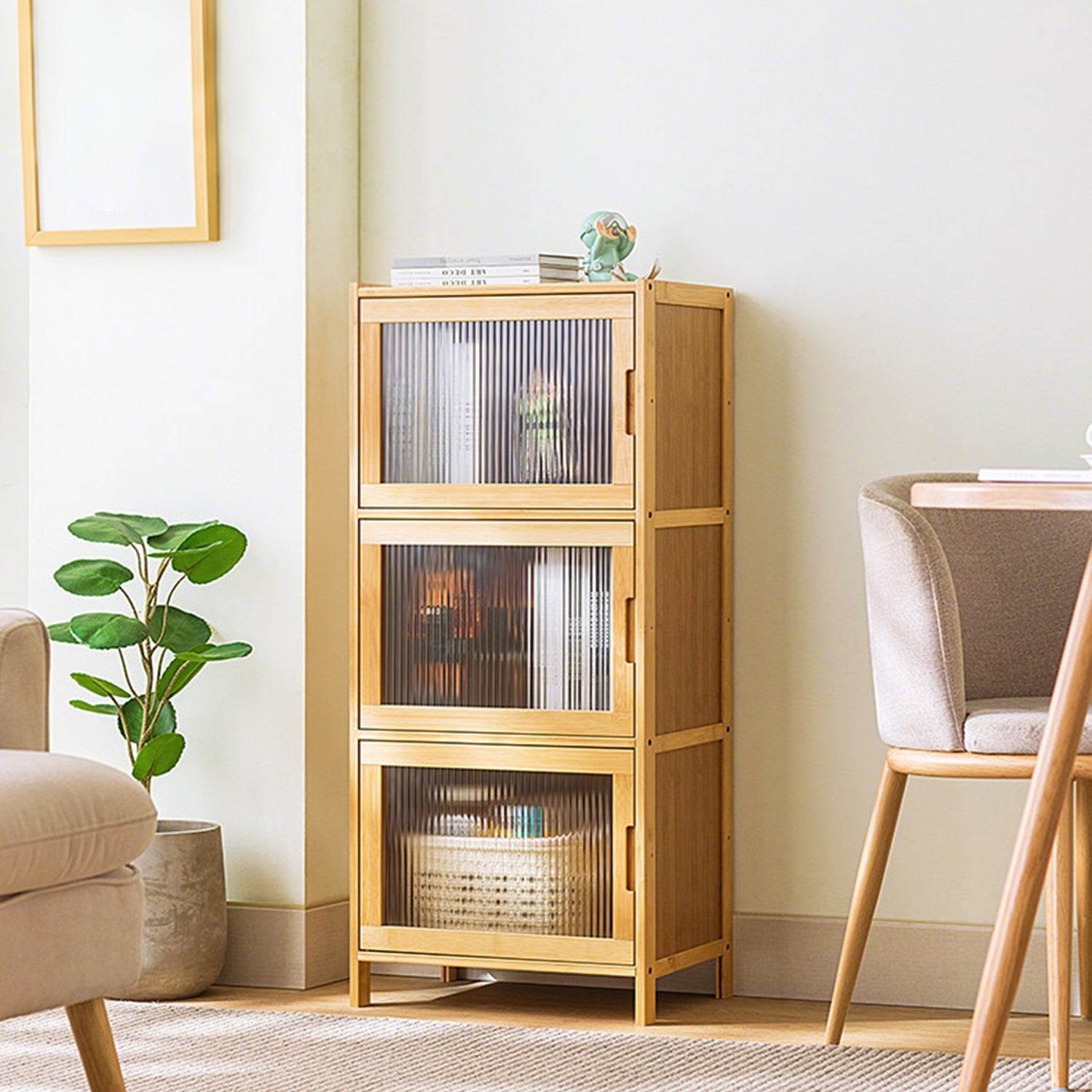 3-Tier Natural Wood Glass Cabinet