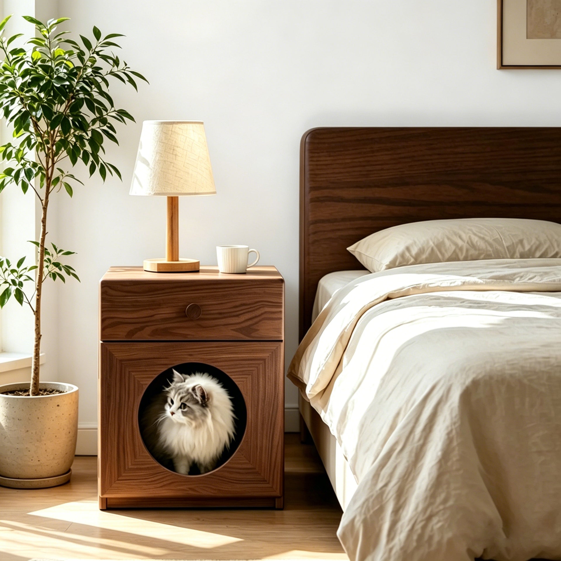 Scandinavian Walnut Cat Bed Nightstand, Multi-Functional Pet Side Table