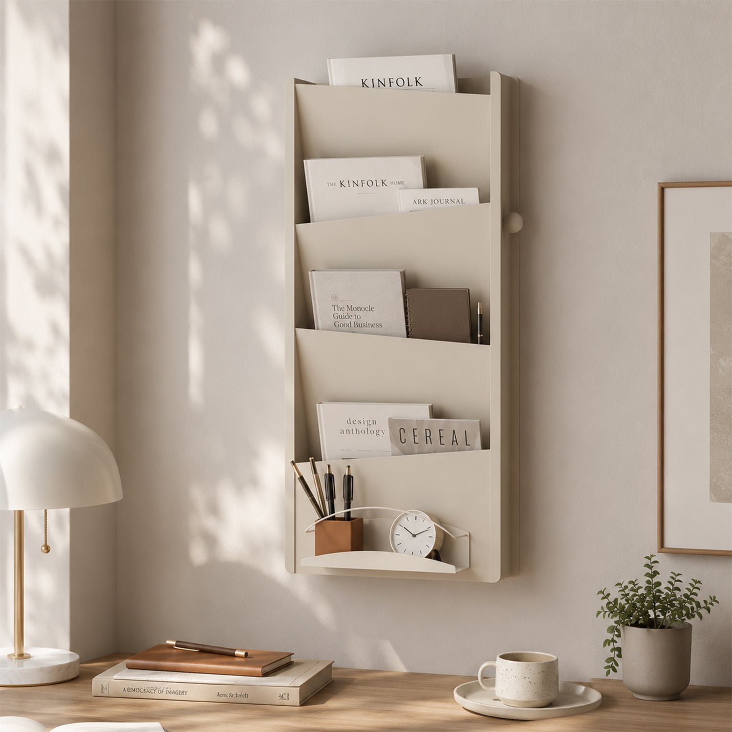 Wall‑Mounted Multi‑Pocket Bookshelf, Cream Grey Vertical Wall Magazine Organizer, Space‑Saving Wall Hanging Book Storage Rack for Bedroom Study Office