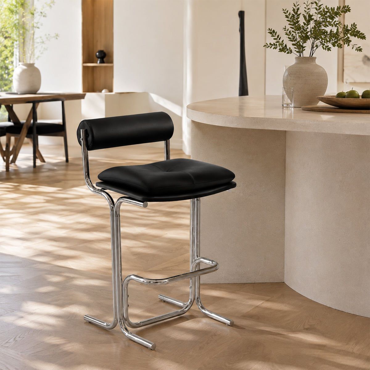 Bauhaus Bar Stool with Cushion & Backrest, Adjustable Height Swivel Counter Chair, Chrome Metal Base PU Leather Upholstered Bar Chair for Kitchen Island Pub