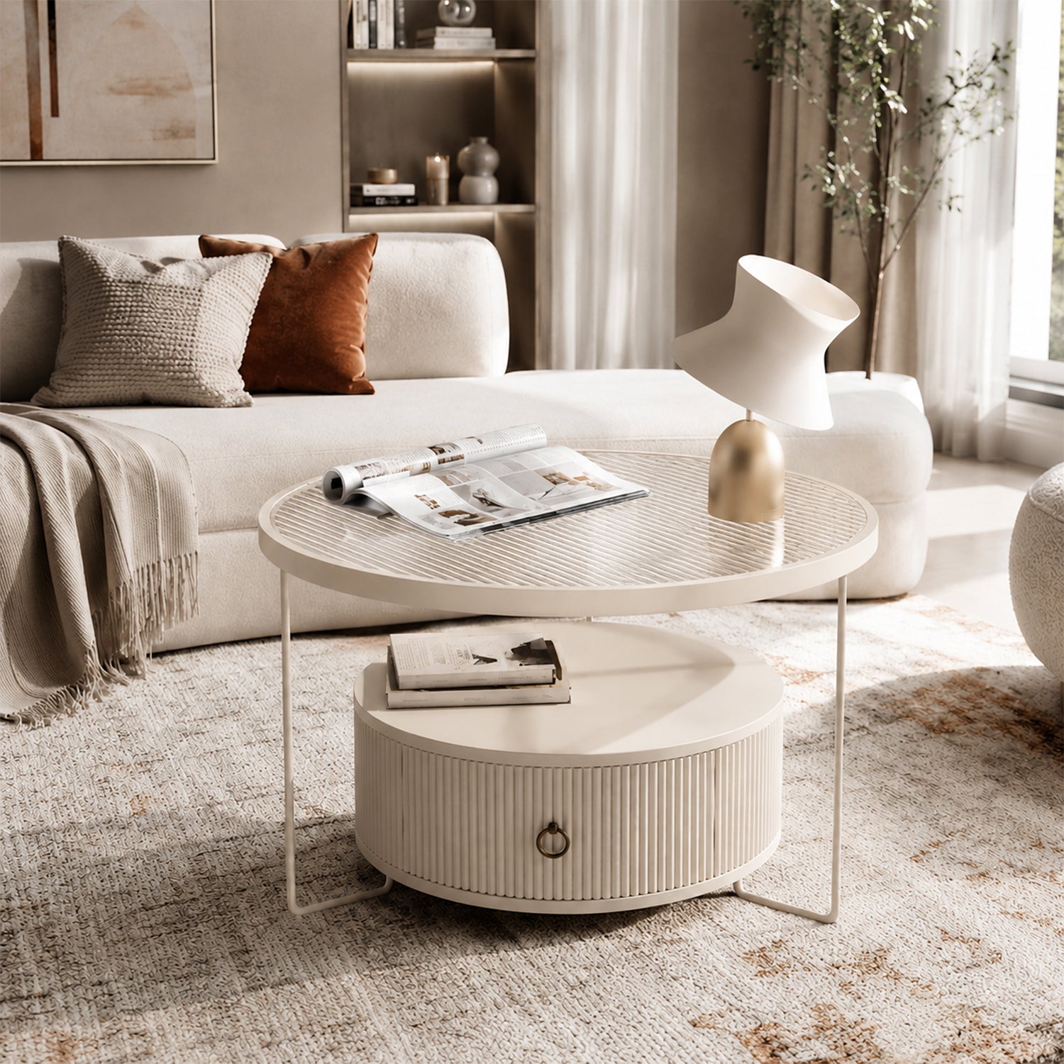 Cream White Frame Round Coffee Table, Fluted Storage Drawer, Smoked Glass / Reeded Glass Top, 60/70/80cm Sizes for Living Room