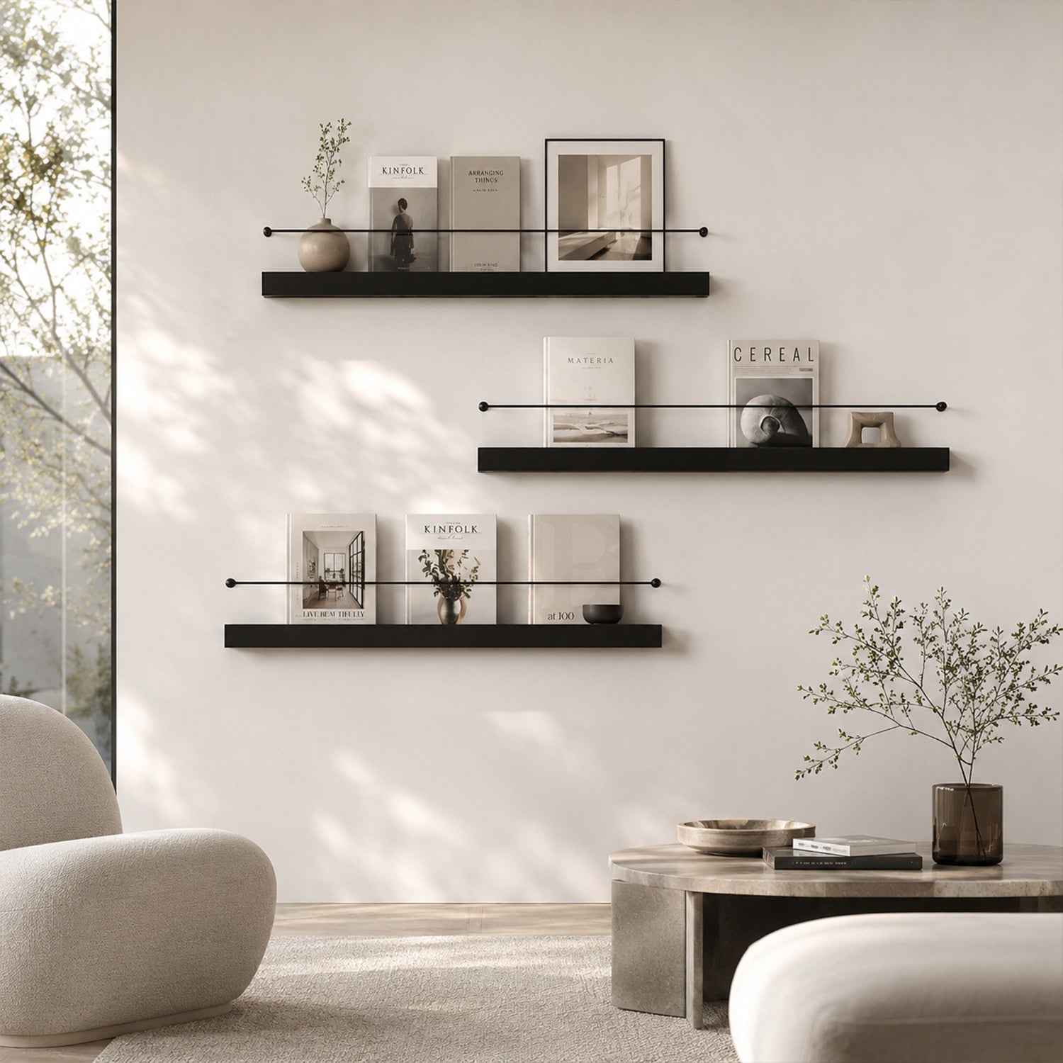 Wall Mount Metal Floating Bookshelf with Retaining Rod, 2 Tier & 3 Tier Options, Black Painted 100cm Wall Magazine Display Rack for Study Living Room