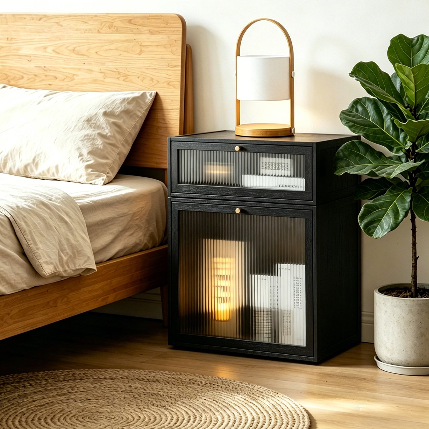 Stackable Black Bamboo Nightstand with Fluted Glass Door, Space-Saving for Small Bedrooms