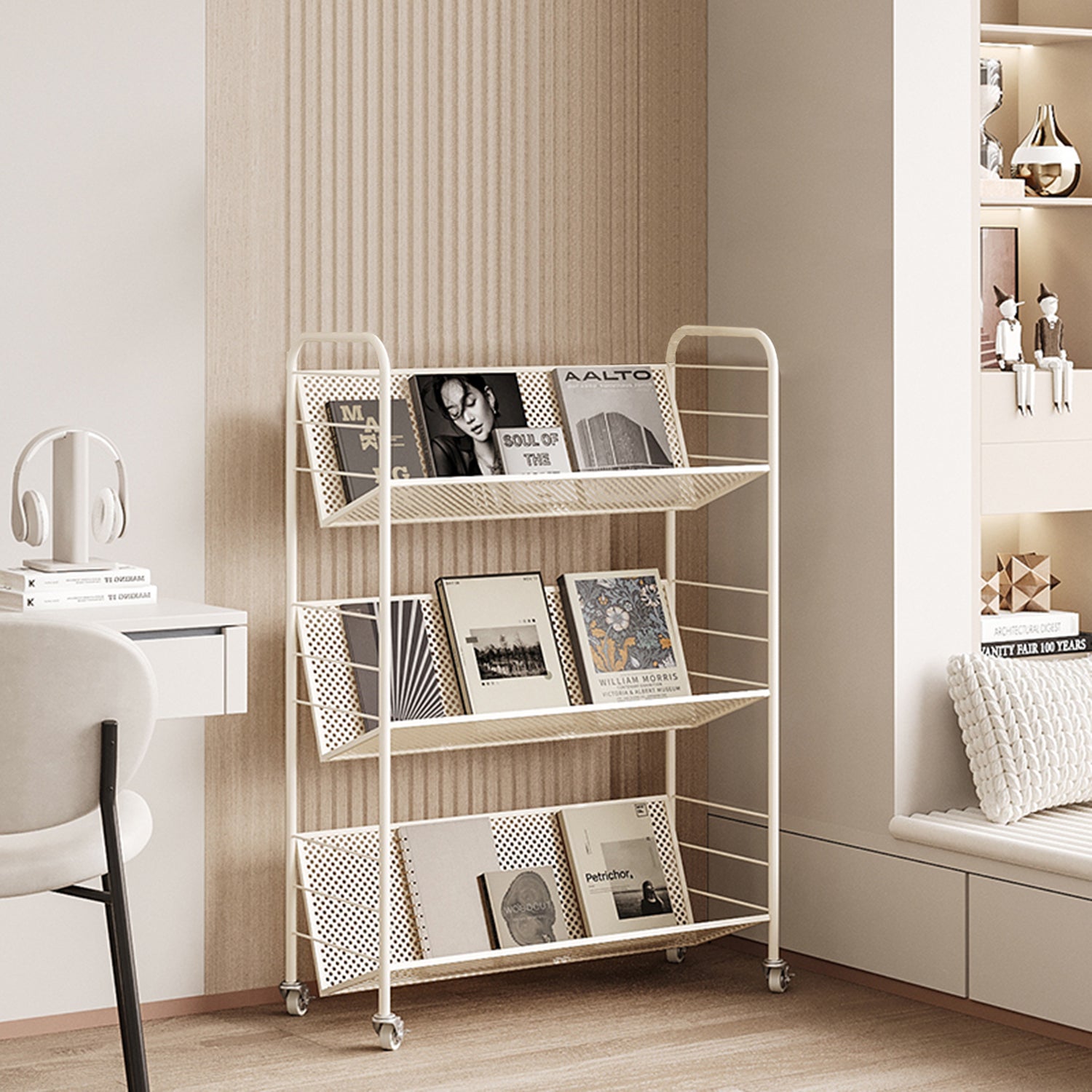 Slanted Metal Rolling Book Cart, White Mobile Bookshelf with Wheels, 3 Tier / 4 Tier / 5 Tier Storage Organizer for Home Office