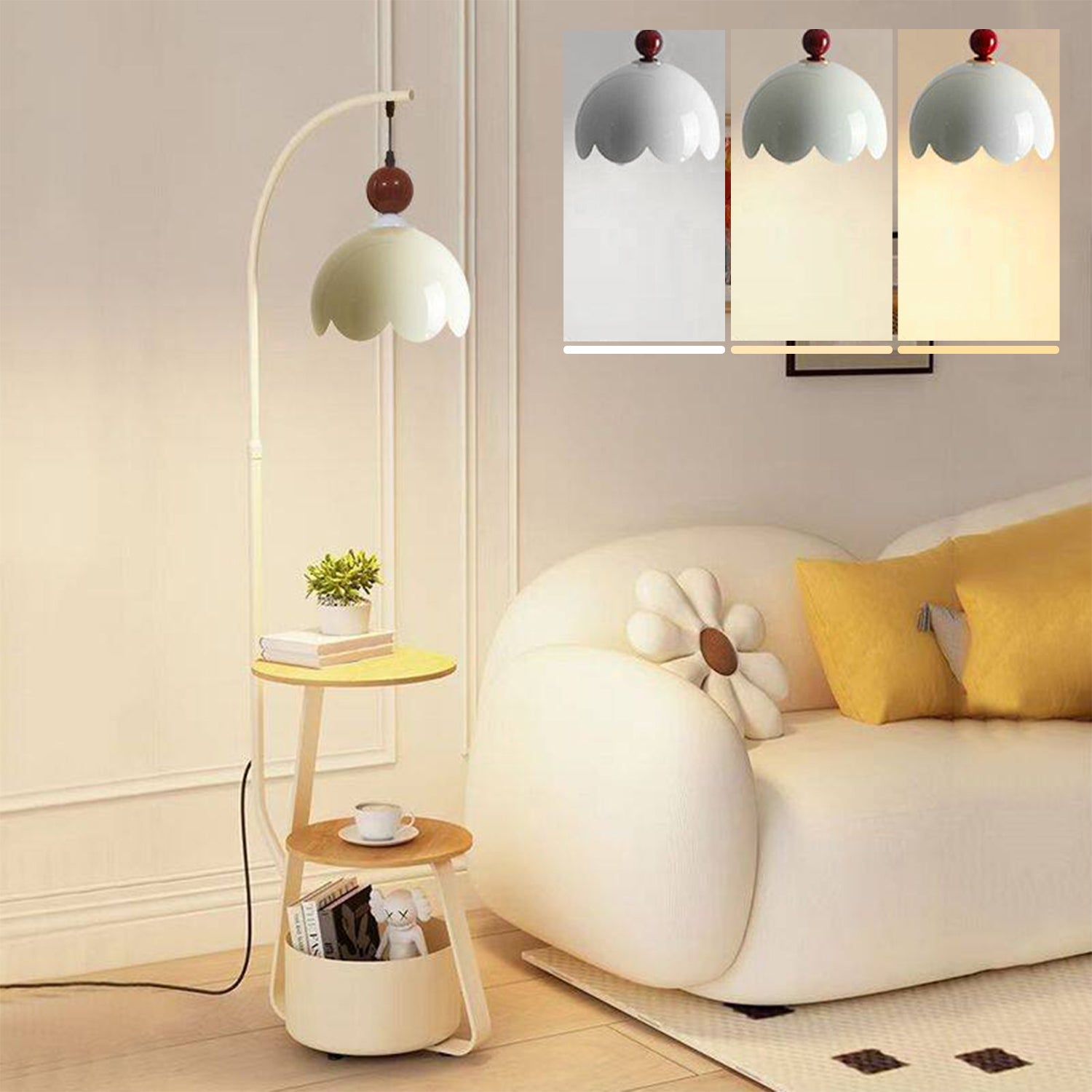 Cream 3-in-1 Floor Lamp with Storage Cart & Coffee Table, 3-Color Changing Light