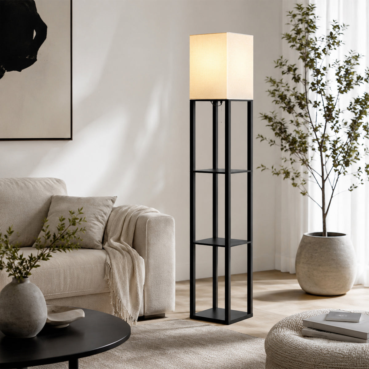 3‑Tier Square Storage Shelf Floor Lamp, Black Metal Frame Standing Lamp with Fabric Shade, Warm Light Corner Display Floor Light for Bedroom Living Room