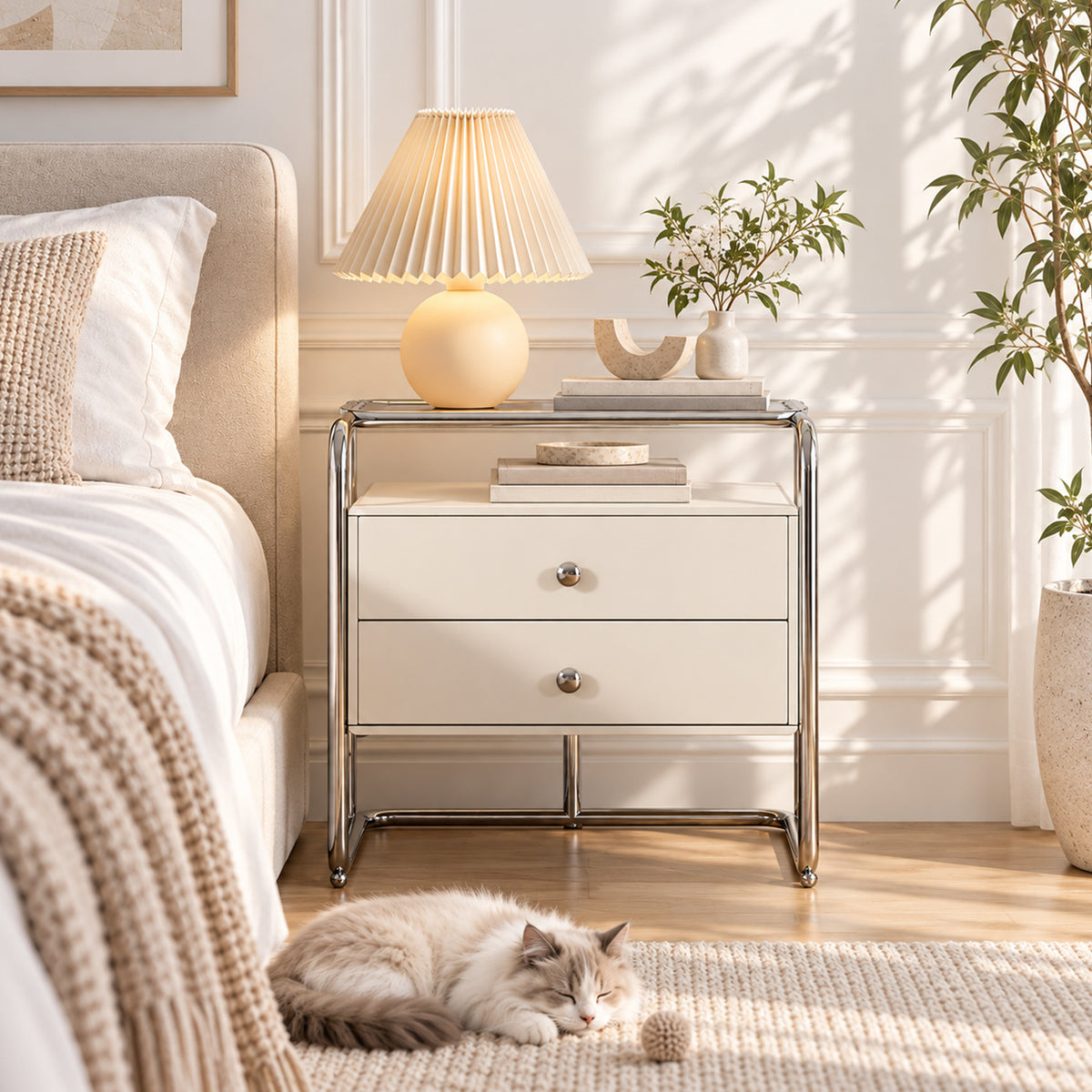 Modern Side Table with 2 Drawers, White End Table with Chrome Metal Base, Upholstered Drawer Front Nightstand for Living Room Bedroom