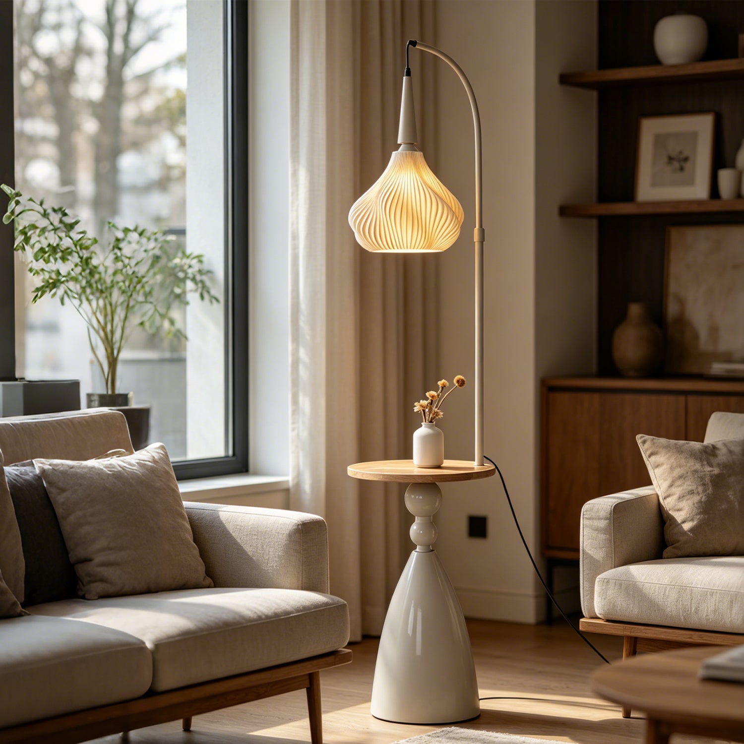 Floor Lamp with Built‑in Shelf, Nordic Style Side Table Floor Lamp with 3 Light Modes