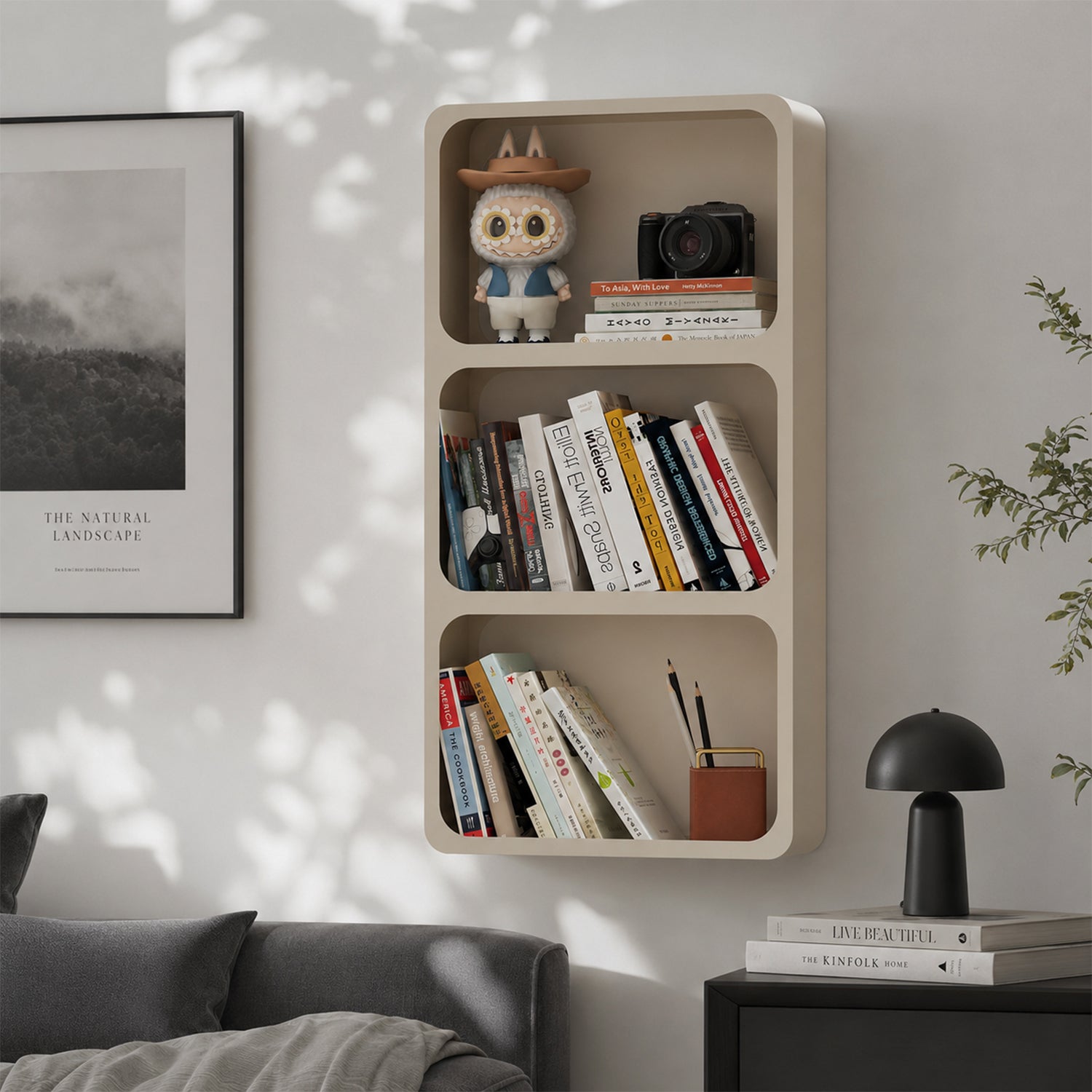 Wall‑Mounted 3‑Grid Bookshelf, Vertical Hanging Book Magazine Storage Organizer, Multi‑Compartment Wall Bookshelf for Study Bedroom Kids Room, Cream Grey & Black Options