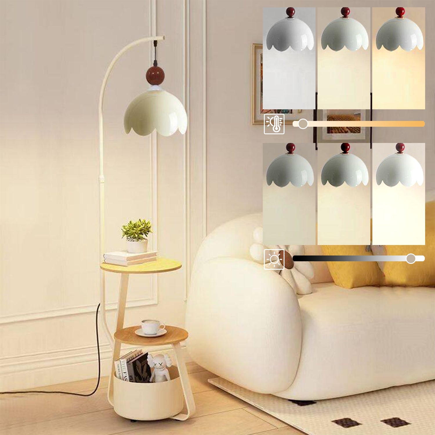Cream 3-in-1 Floor Lamp with Storage Cart & Coffee Table, Stepless Dimmable with Remote