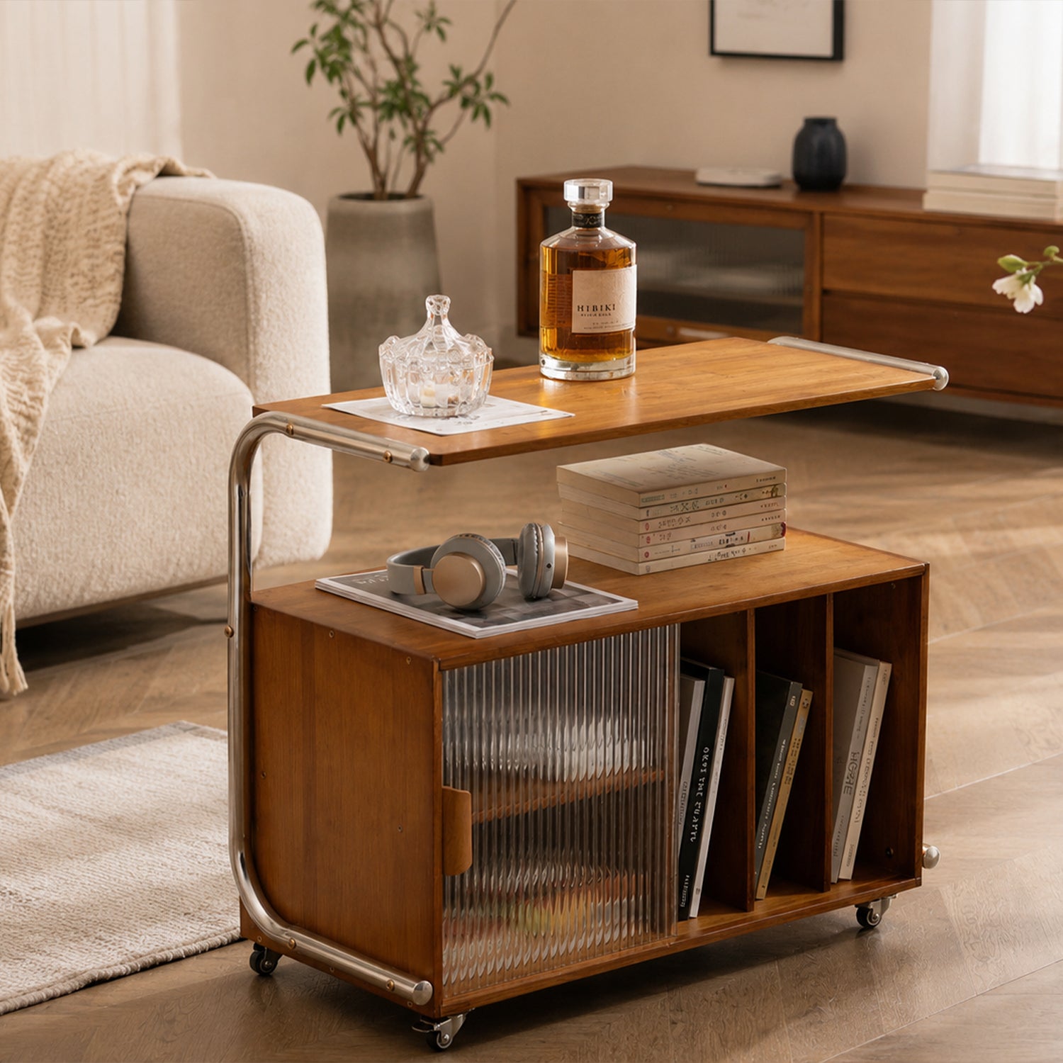 Rolling Side Table with Storage Cabinet, 3-Color Nordic Mobile End Table for Living Room &amp; Bedroom