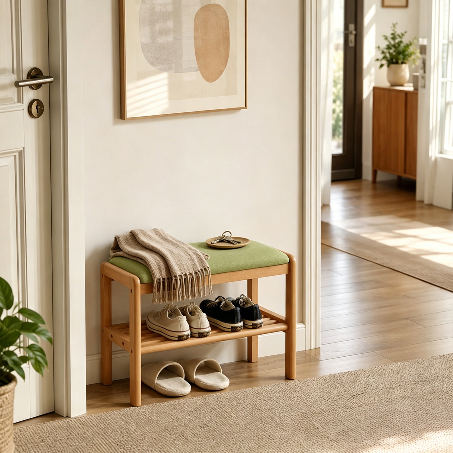 Matcha Green Cushion Solid Wood Shoe Bench