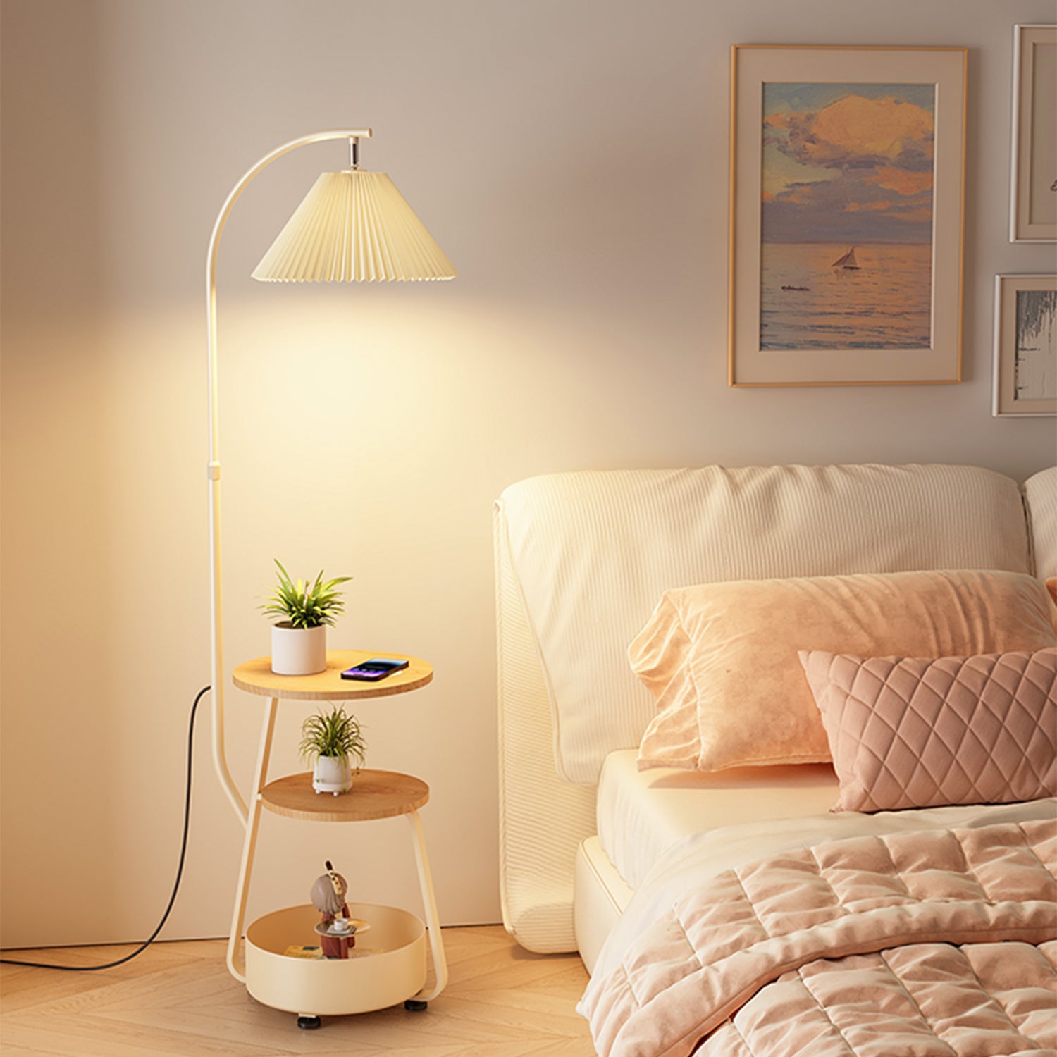 3-in-1 Floor Lamp with Storage Cart & Coffee Table, Stepless Dimmable Light for Nordic Homes