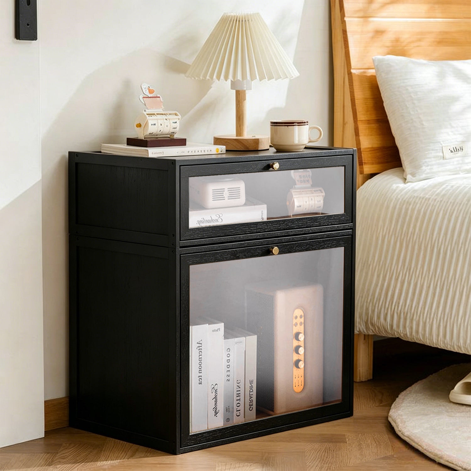 Stackable Black Bamboo Nightstand with Clear Door, Modern Space-Saving Storage