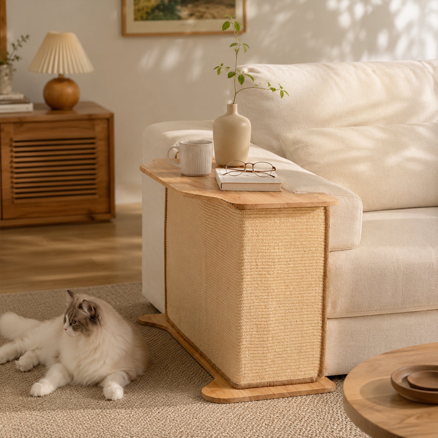 2-in-1 Cat Scratcher Sofa Corner End Table, 2 Color Frame Options & Replaceable Wear-Resistant Scratch Pad, Cat Furniture for Living Room