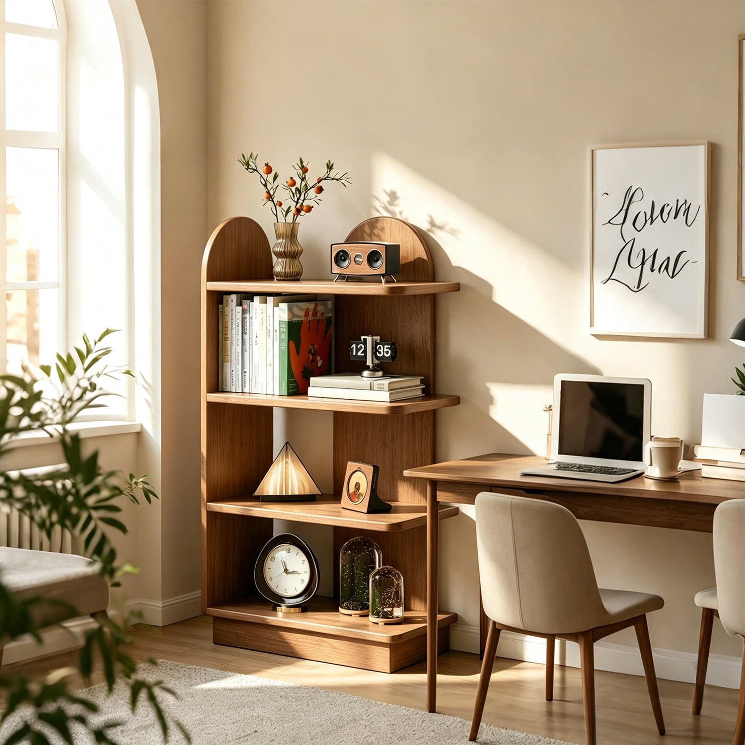 4 Tier Solid Wood Corner Bookshelf, Cherry Wood Tone Left & Right Side Layouts, Space Saving Corner Storage Shelf 48×24×119.5cm for Living Room Bedroom Study