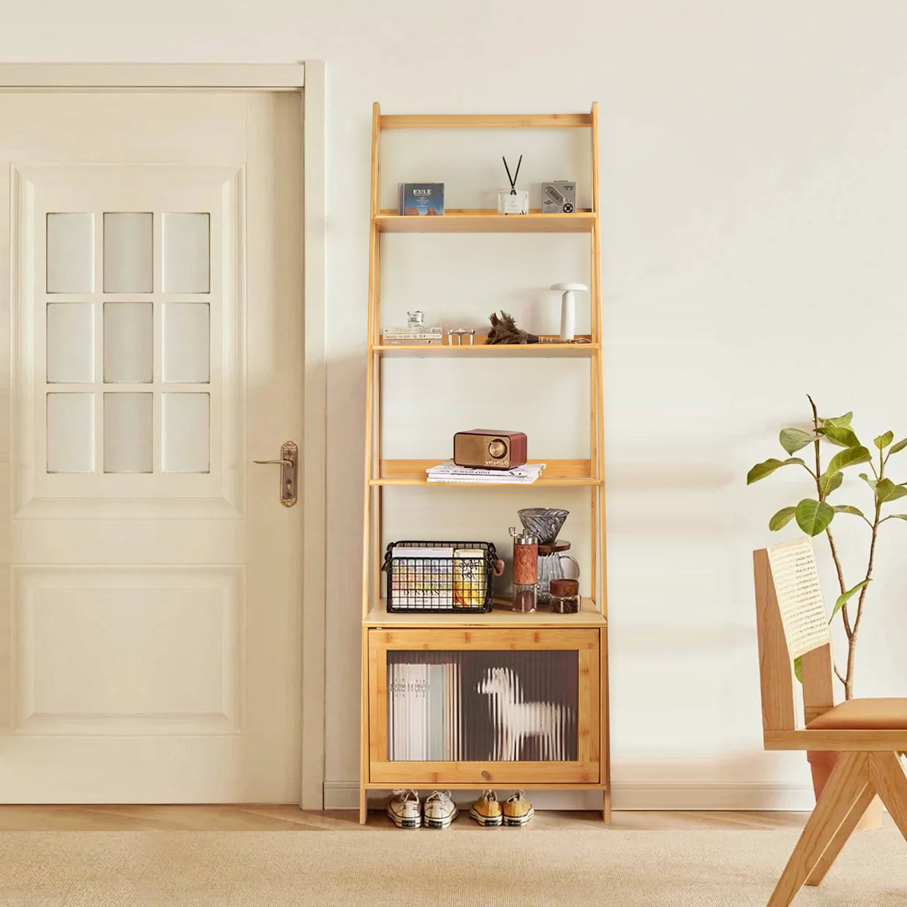 Bamboo Ladder Bookshelf with Storage Cabine