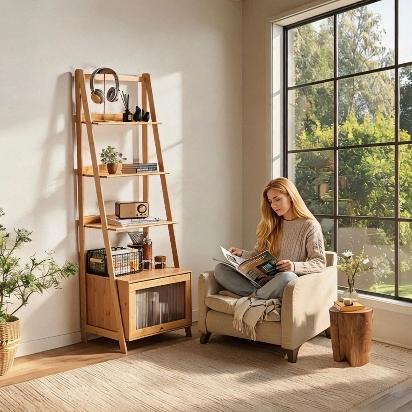 Bamboo Ladder Bookshelf with Storage Cabine
