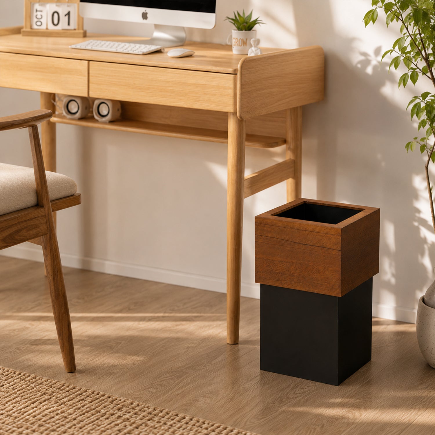 Short Two‑Tone Wooden Trash Can (Walnut Top + Black Bottom), Modern Nordic Waste Bin, 8L