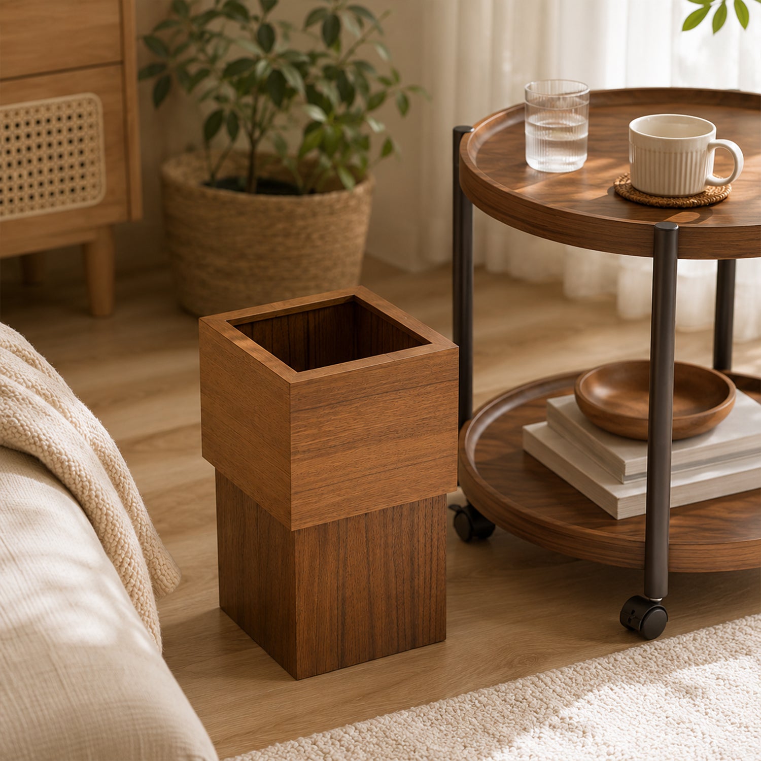 Short Solid Walnut Wooden Trash Can, Nordic Minimalist Waste Bin, 8L