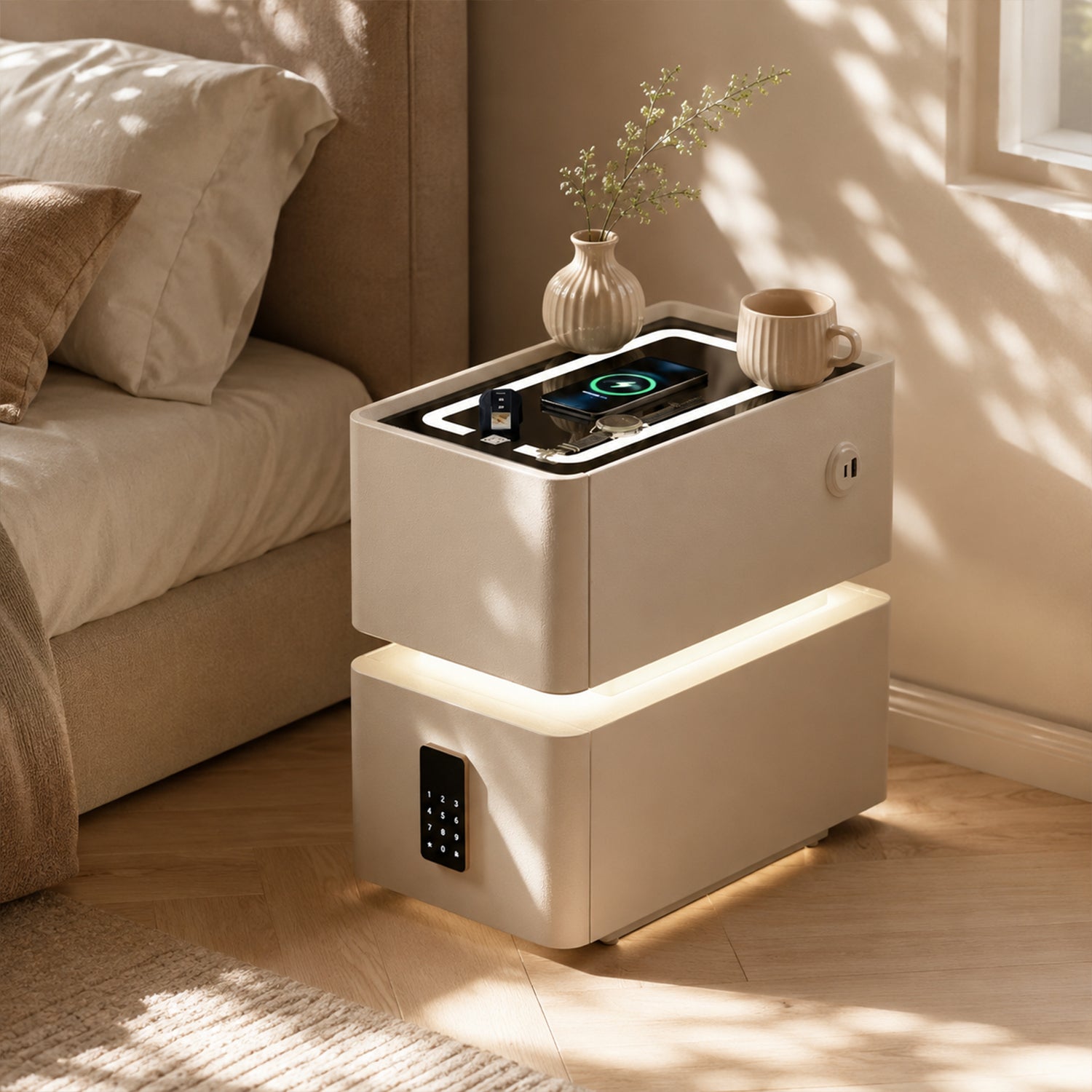 30cm Ultra Slim Smart Nightstand with Combination Lock, LED 3 Color Light, Wireless & USB Charging, Solid Wood 2 Drawer Bedside Table
