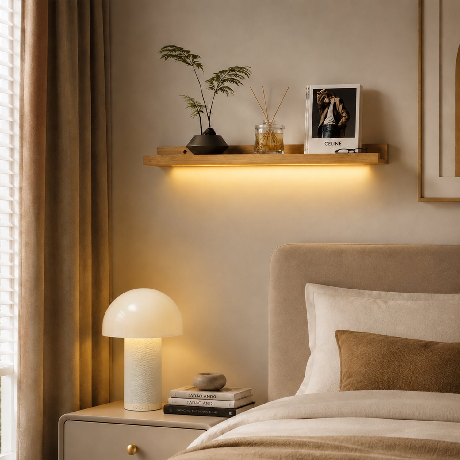Natural Solid Pine Floating Shelves with LED Light, 60/90/120cm Wall‑Mount Display Shelf for Nordic Home Decor