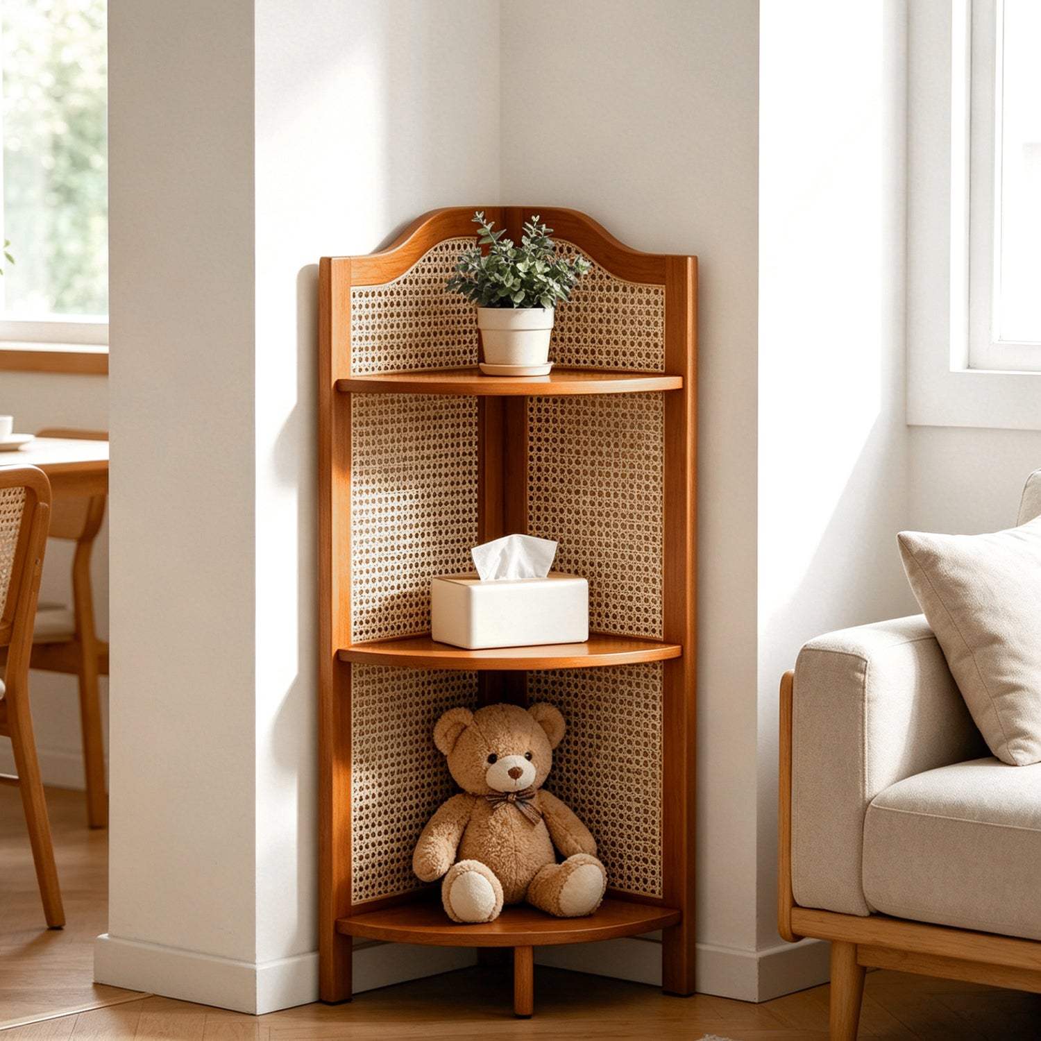 3-Tier/4-Tier/5-Tier Bamboo Rattan Corner Bookshelf