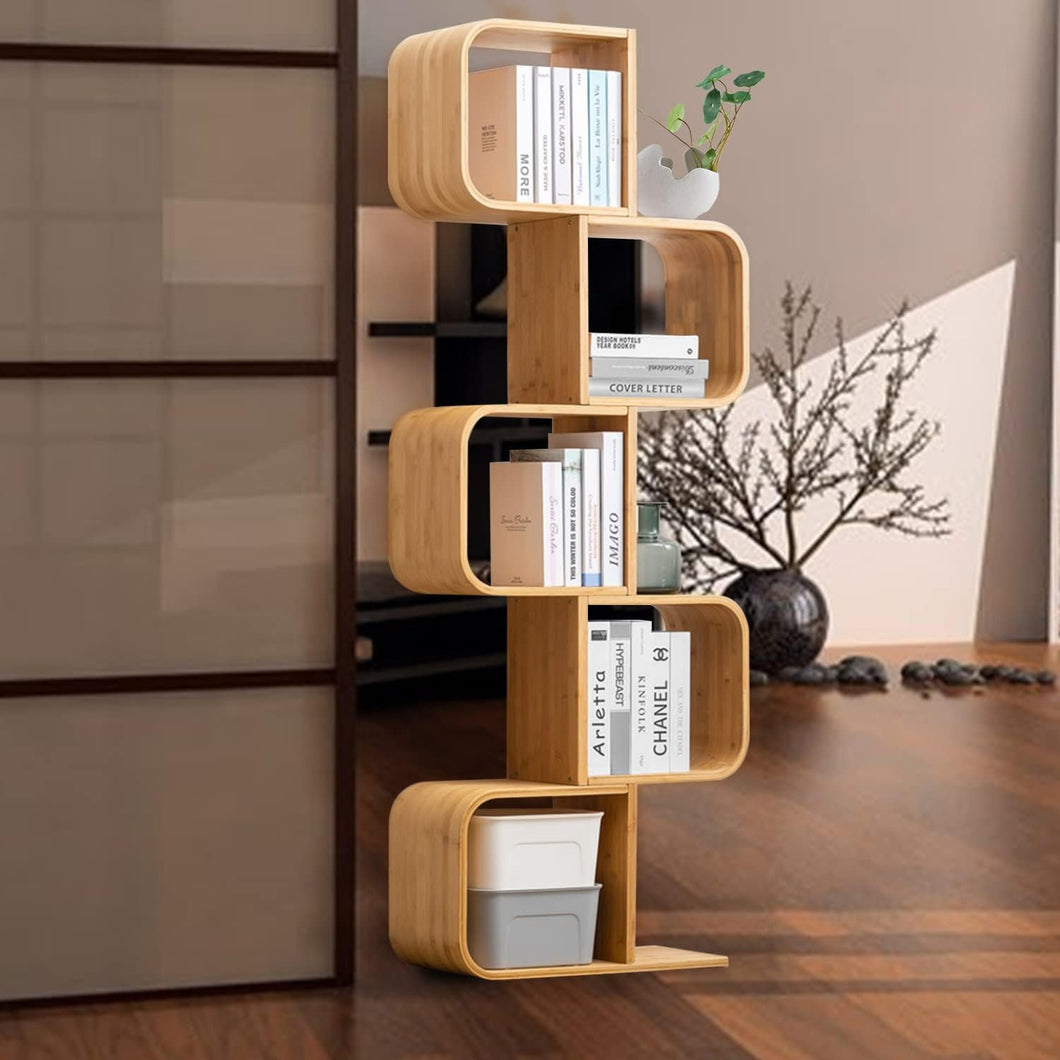 5-Tier S-Shaped Geometric Modern Bamboo Bookshelf