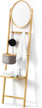 Load image into Gallery viewer, Stylish 4-Hook Bamboo Bathroom Wall Ladder Storage Organizer with Mirror
