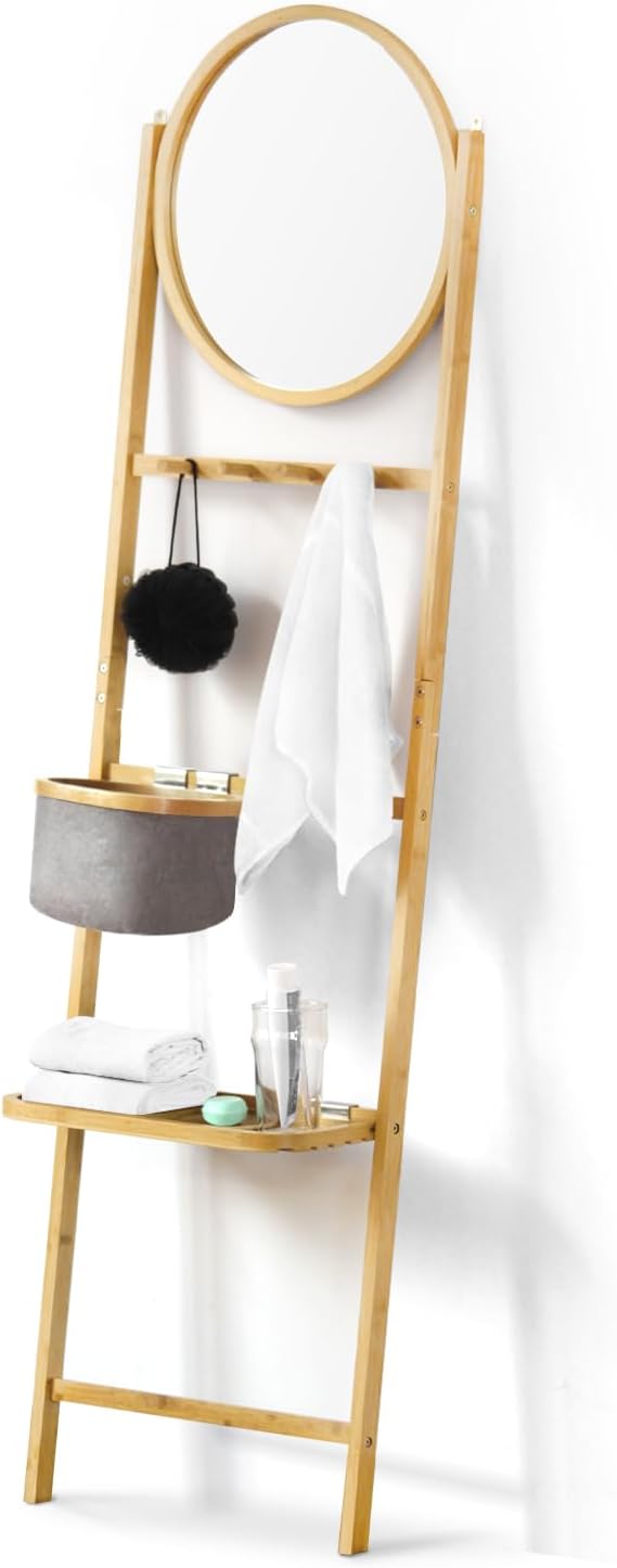 Bamboo Wall Leaning Ladder with Storage Shelf, Circular Mirror, Drainboard and Basket