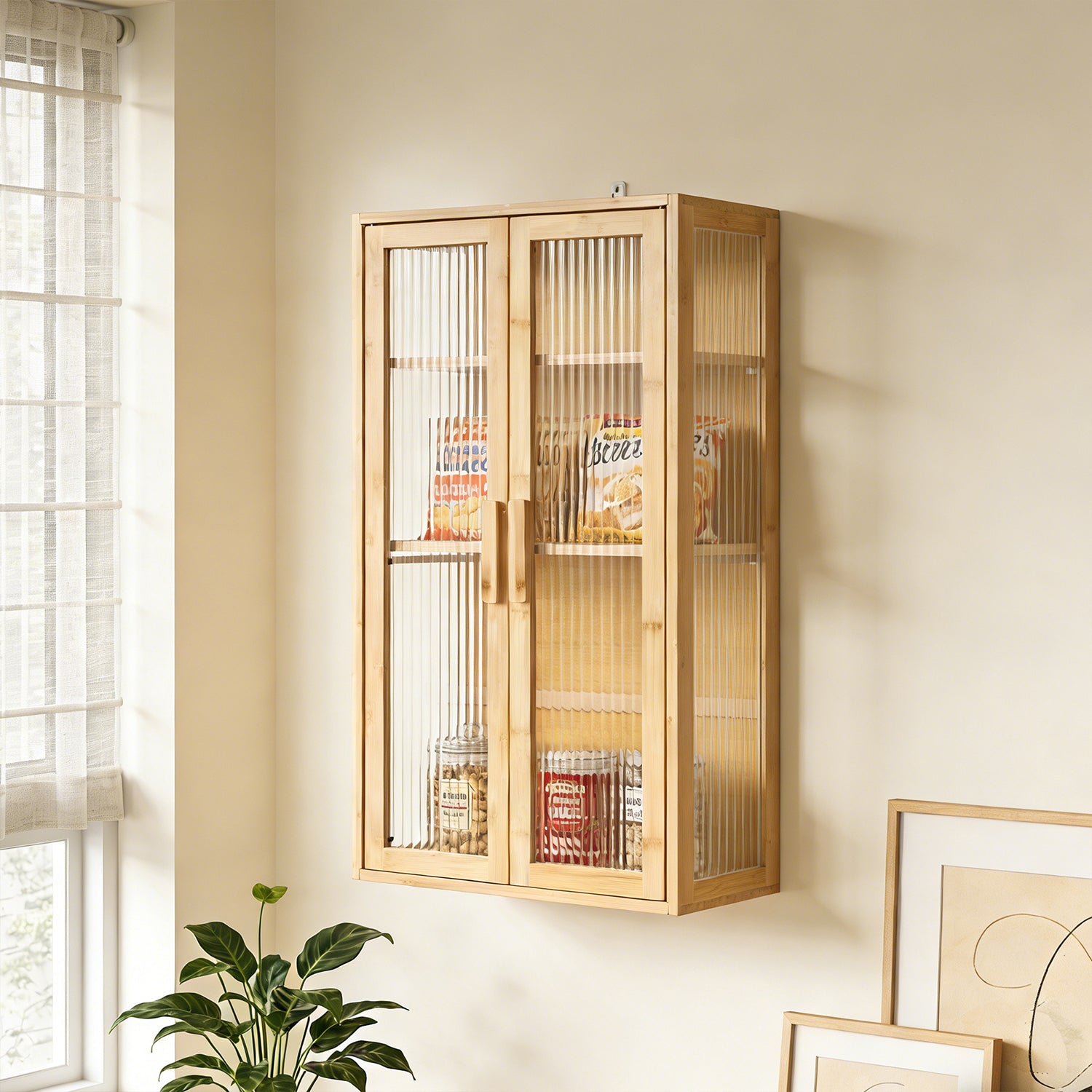 Nordic Large Fluted Glass Wall Cabinet, Spacious Wall-Mounted Display Cabinet