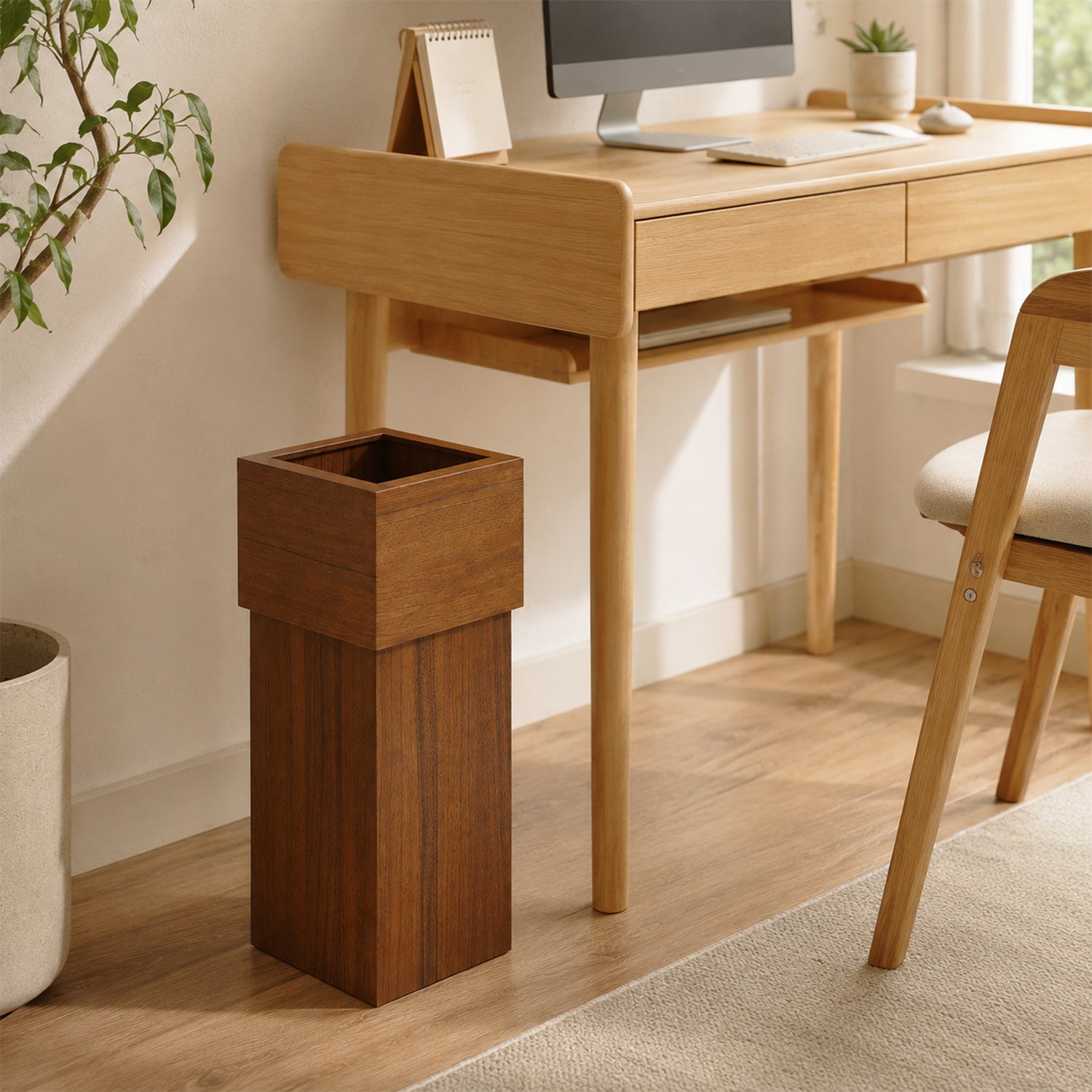 Tall Solid Walnut Wooden Trash Can, Large‑Capacity Nordic Waste Bin, 18L