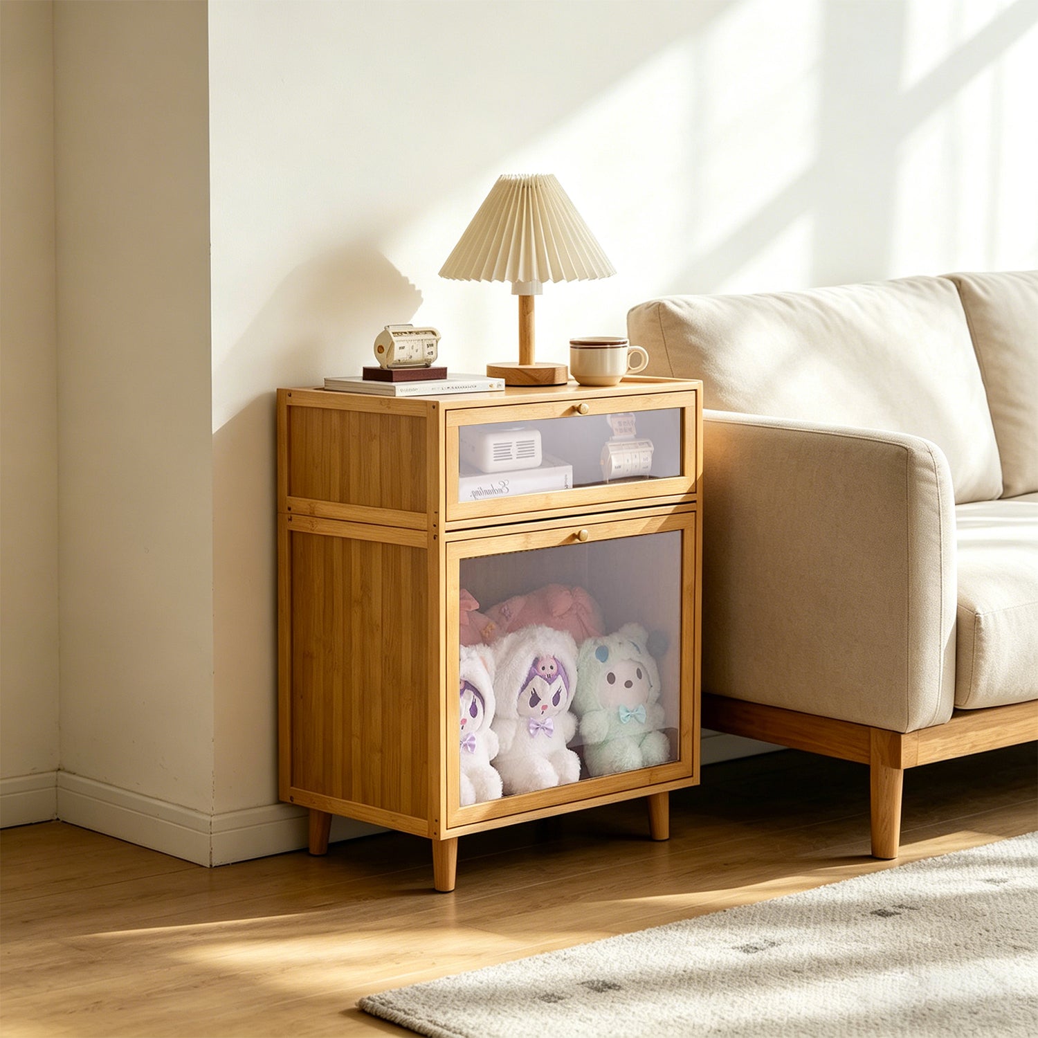 Stackable Natural Bamboo Nightstand with Clear Door, Space-Saving Small Bedroom Storage