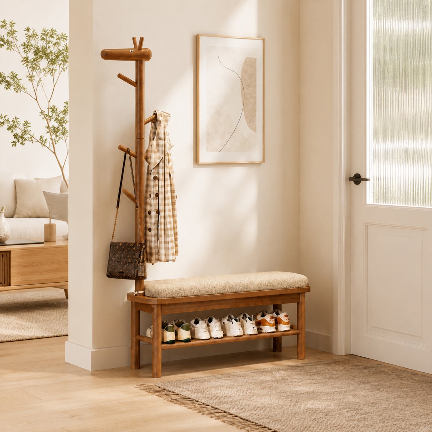 3-in-1 Walnut Solid Wood Deer Shoe Bench with Coat Rack, Multi-Size Warm Nordic Entryway Organizer