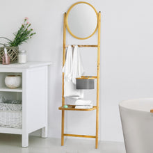 Load image into Gallery viewer, Bamboo Wall Leaning Ladder with Storage Shelf, Circular Mirror, Drainboard and Basket
