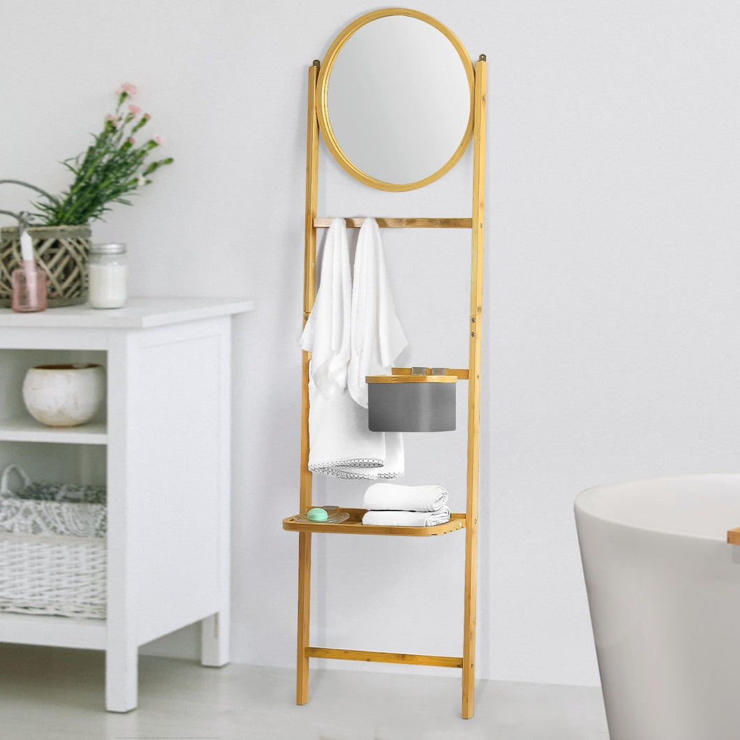 Stylish 4-Hook Bamboo Bathroom Wall Ladder Storage Organizer with Mirror