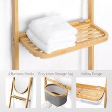 Load image into Gallery viewer, Bamboo Wall Leaning Ladder with Storage Shelf, Circular Mirror, Drainboard and Basket
