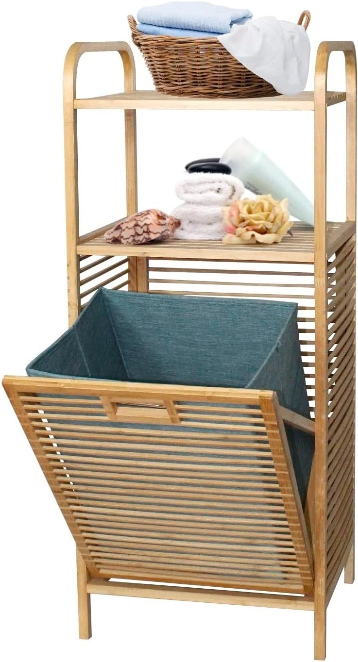 Bamboo Laundry Hamper with Green Freestanding Tilt-Out Laundry Linen Basket
