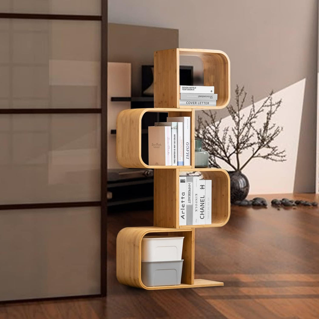 4-Tier S-Shaped Geometric Modern Bamboo Bookshelf