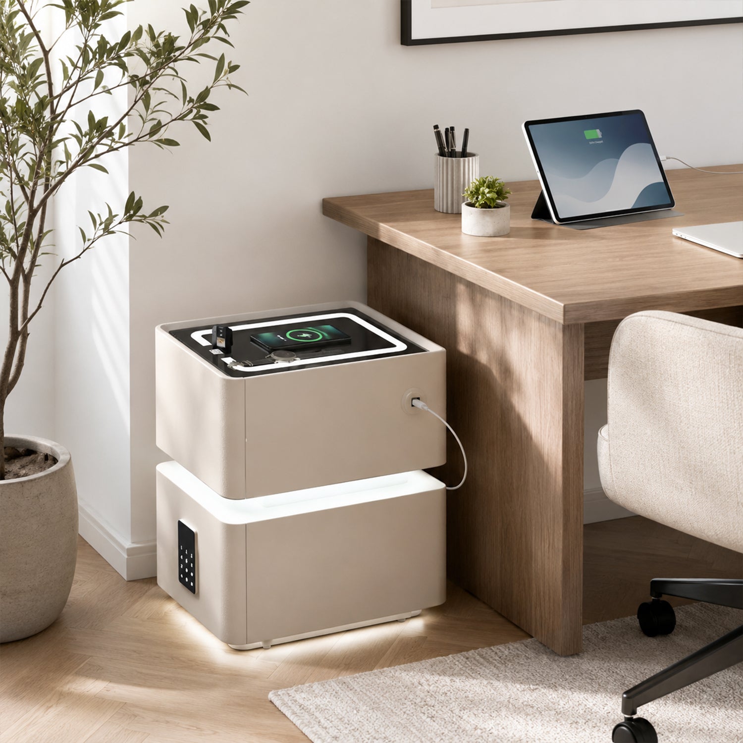 40cm Wide Smart Solid Wood Nightstand with Combination Lock, 3 Tone LED Light, Wireless USB Charging, 2 Drawer Secure Bedside Cabinet