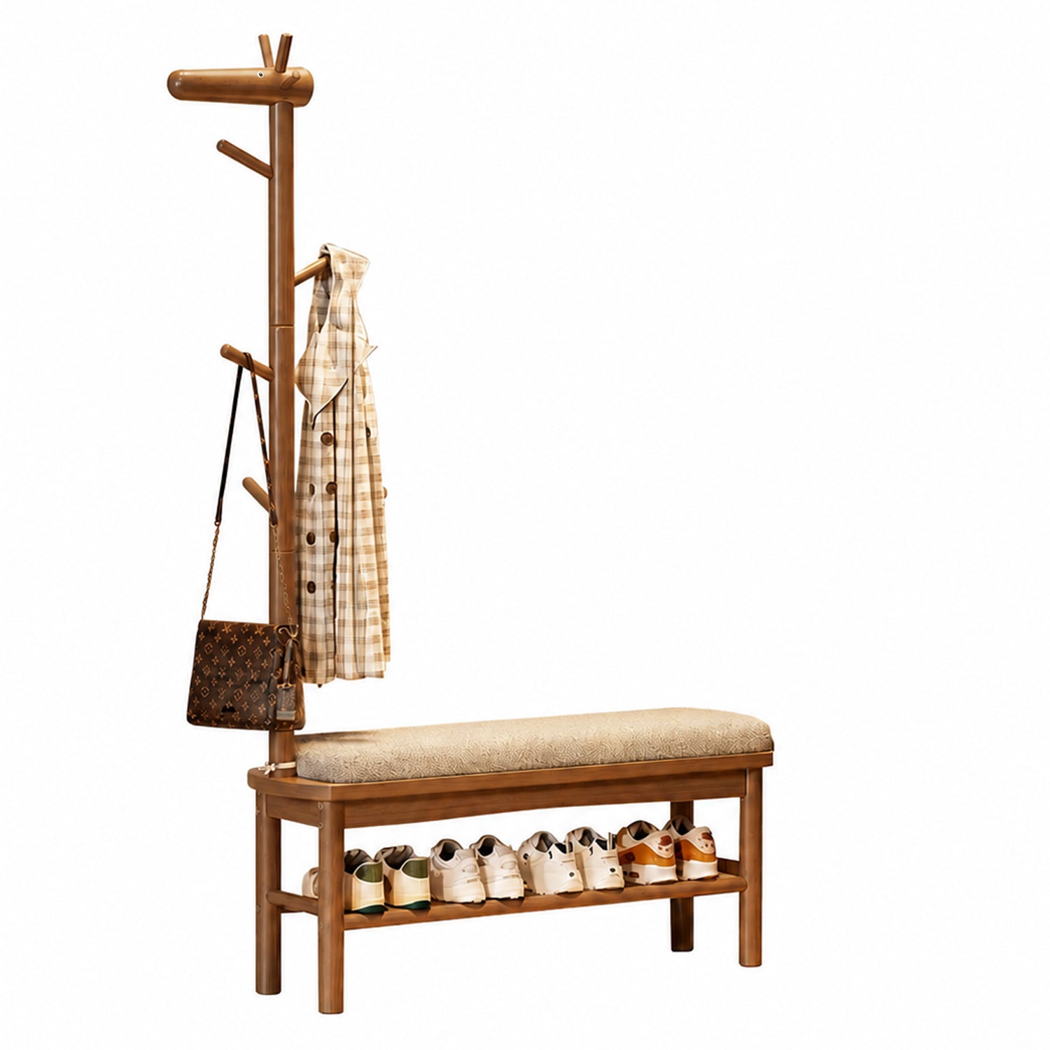 3-in-1 Walnut Solid Wood Deer Shoe Bench with Coat Rack, Multi-Size Warm Nordic Entryway Organizer