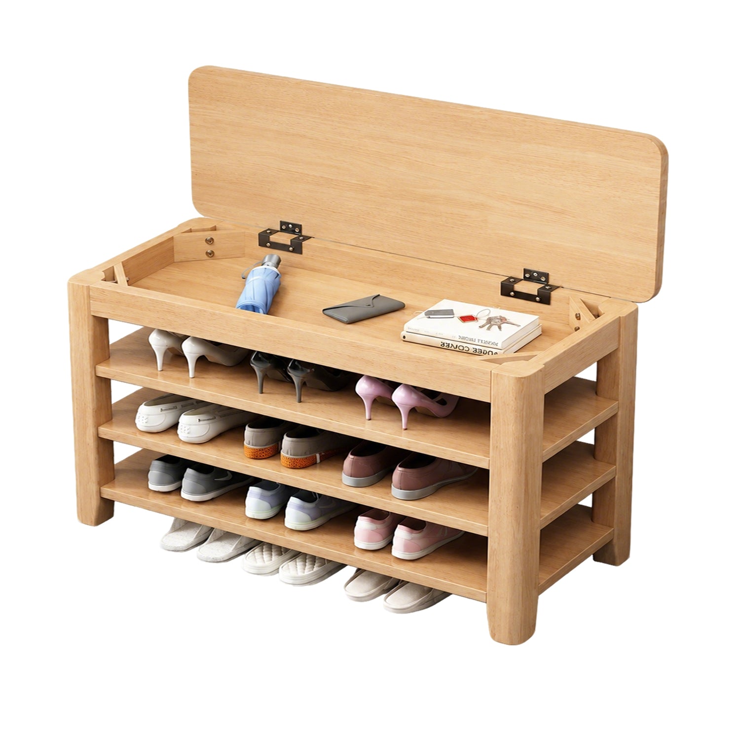 Rubber Wood Multifunctional Shoe Bench, Entryway Shoe Cabinet with Seat
