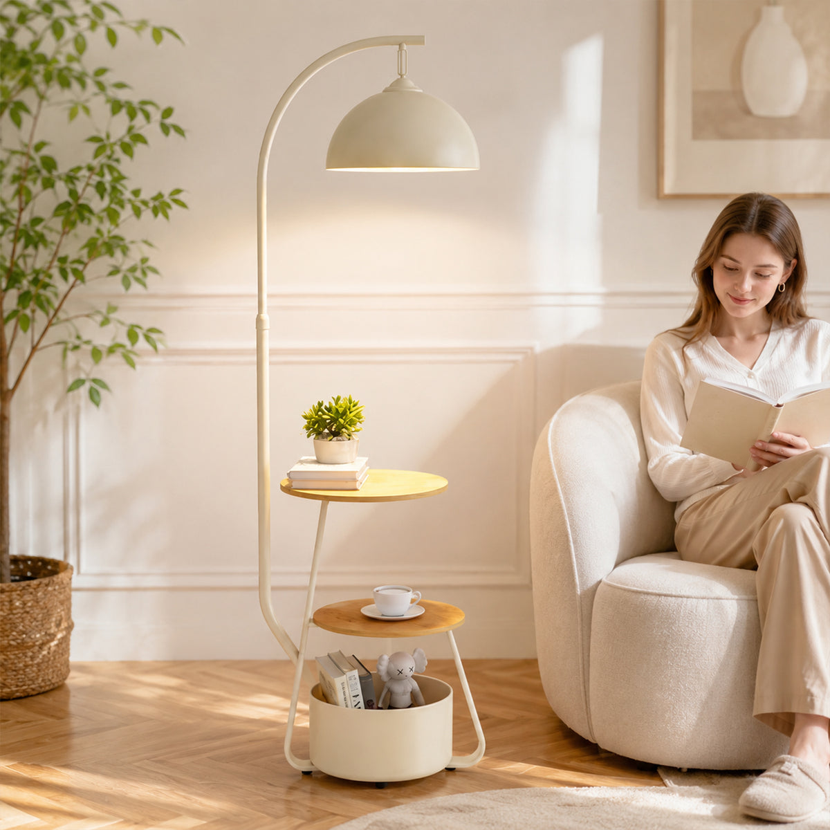 2-Tier Storage Floor Lamp, Modern Arc Standing Lamp with 2 Tier Shelves, Warm Light Tall Lamp for Living Room Bedroom, Black &amp; White Available