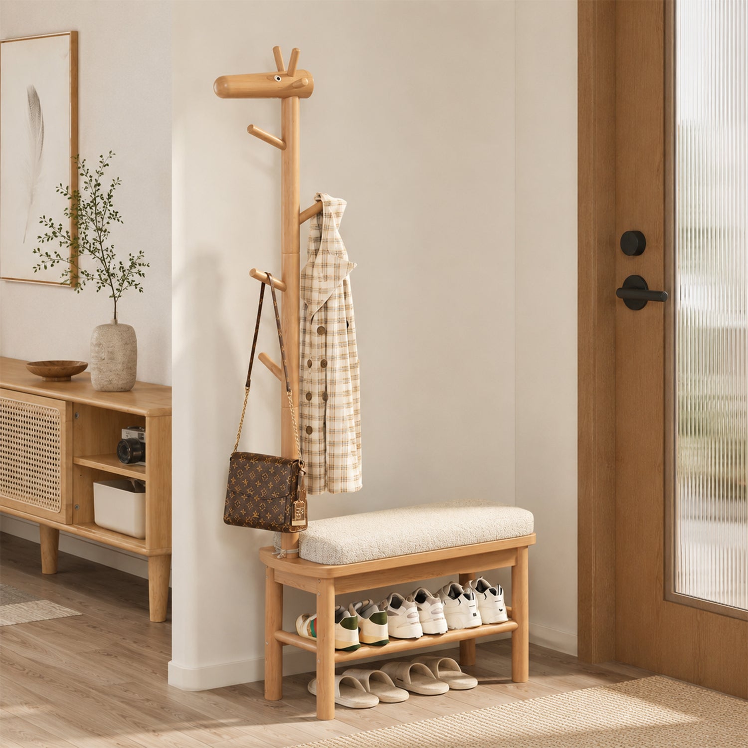 3-in-1 Natural Solid Wood Deer Shoe Bench with Coat Rack, Multi-Size Nordic Entryway Organizer