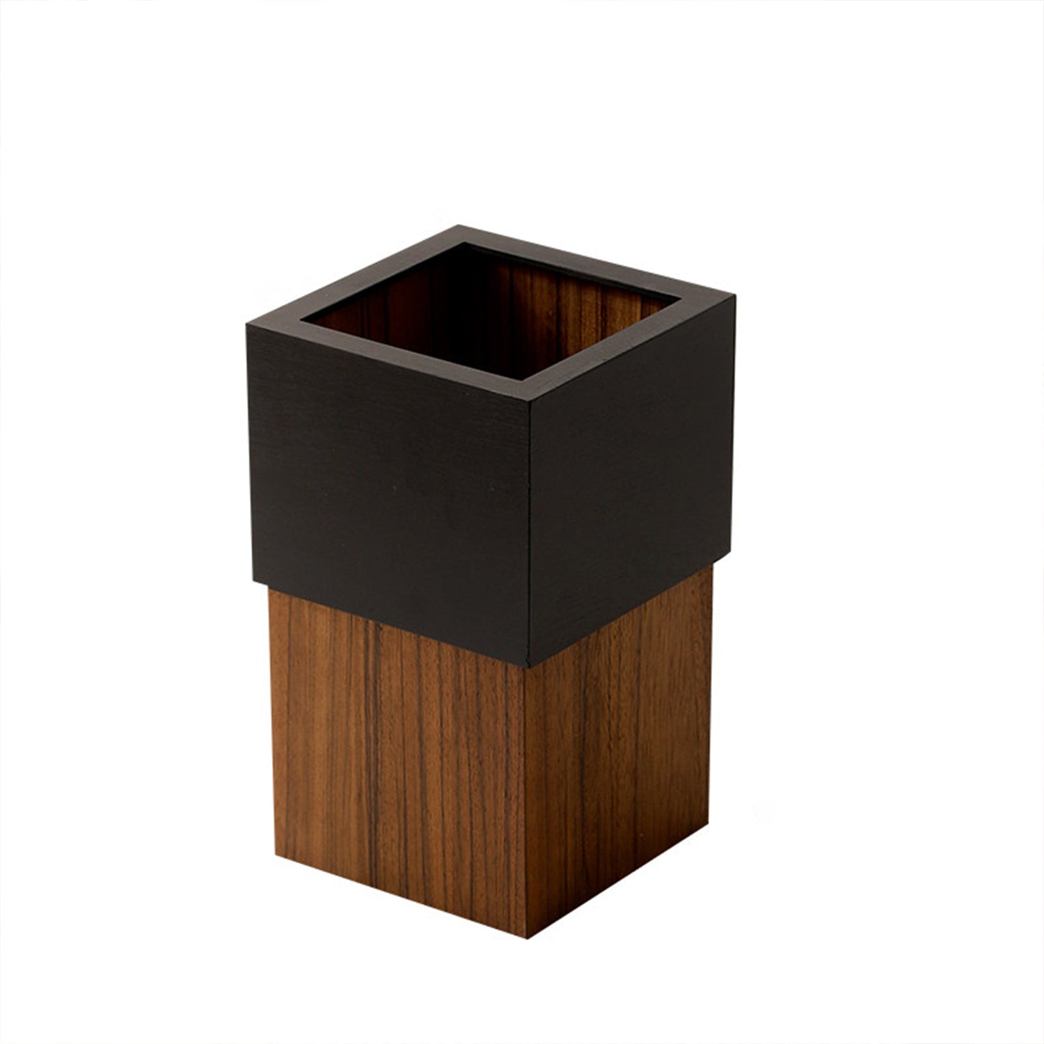 Short Two‑Tone Wooden Trash Can (Black Top + Walnut Bottom), Sleek Nordic Waste Bin, 8L