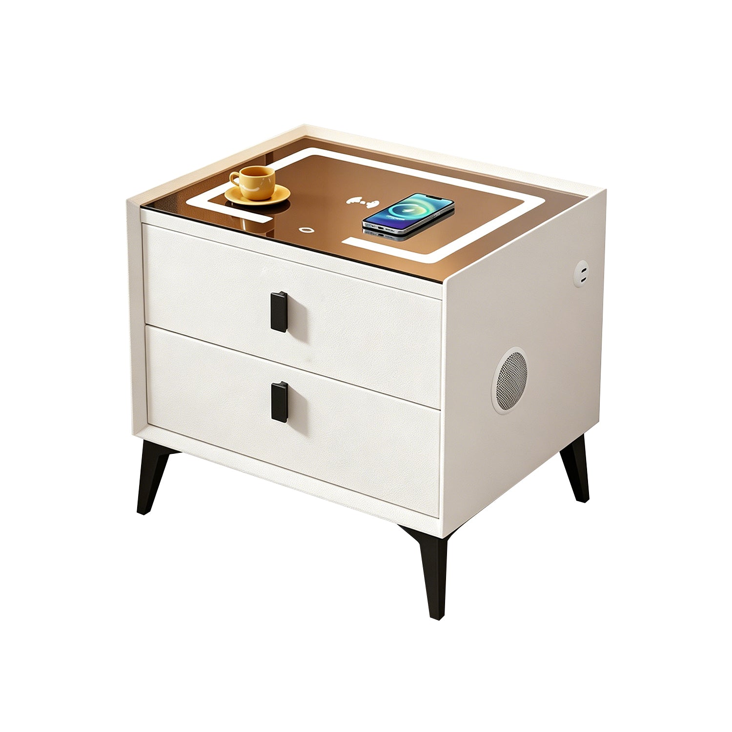 Smart Nightstand with Bluetooth Speaker, Wireless Charging, USB Port, 3 Color LED Lights & 2 Storage Drawers, Modern Bedroom End Table