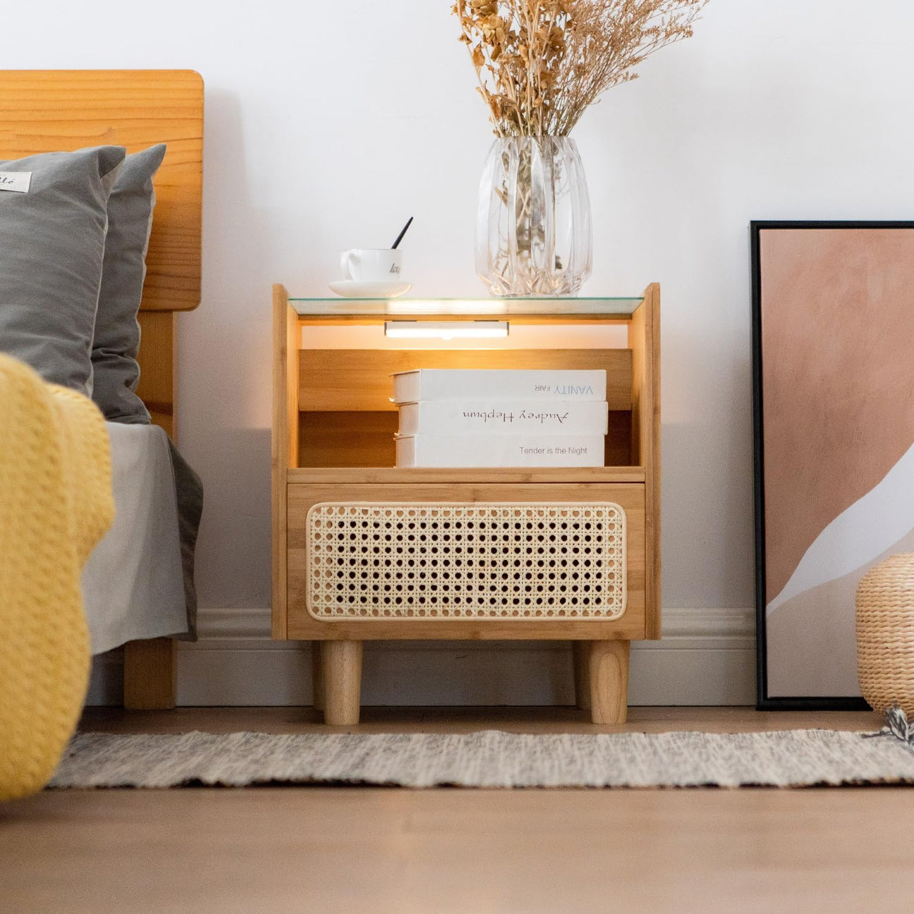 Bamboo Nightstand with Rattan Storage Drawer