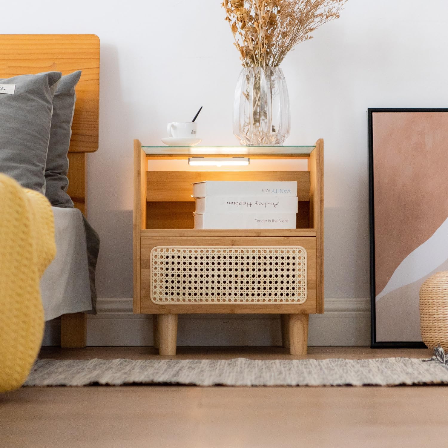 Bamboo Nightstand with Rattan Storage Drawer