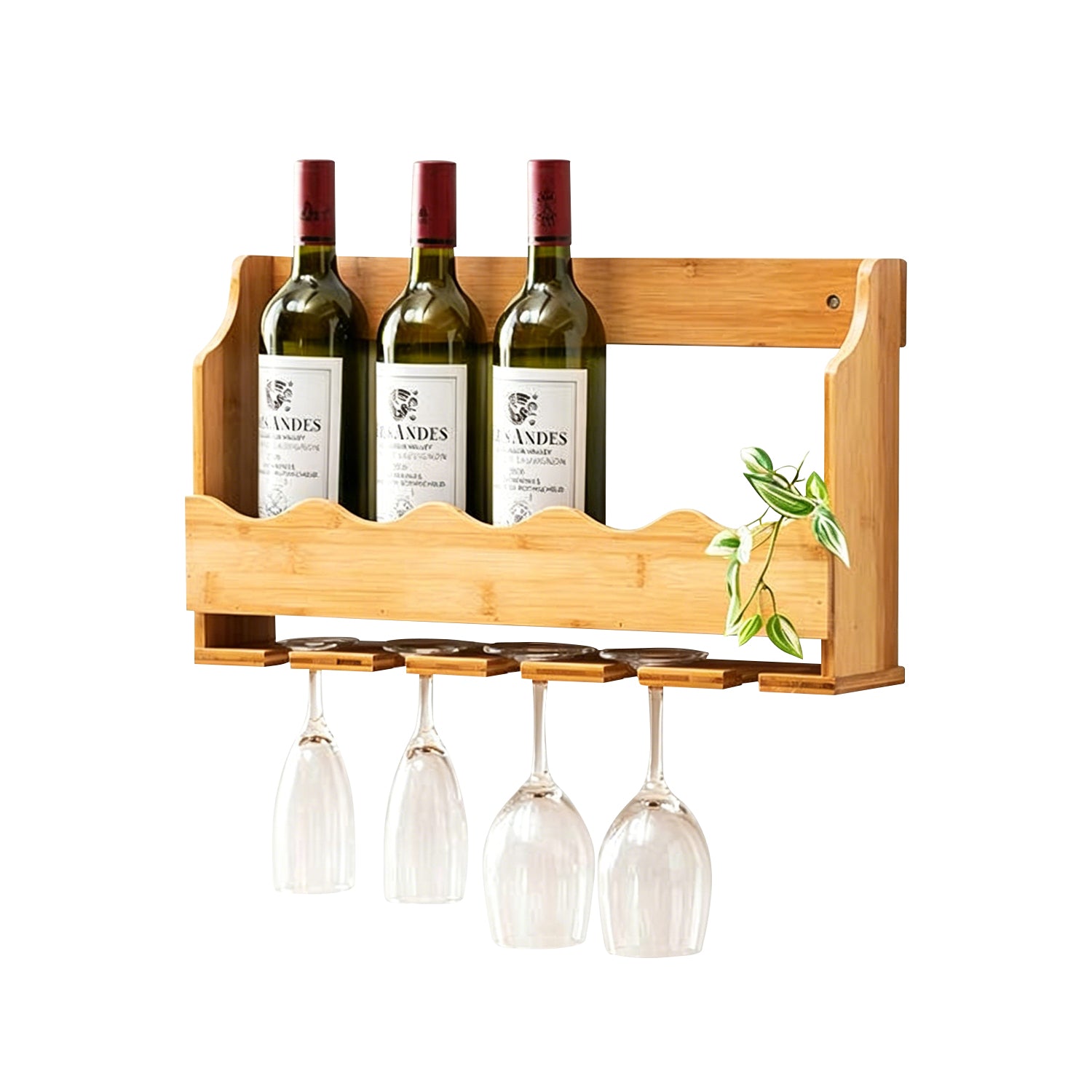 Wall Mount Solid Wood Wine Rack, Hanging Wine Bottle & Glass Holder for Kitchen & Dining Room