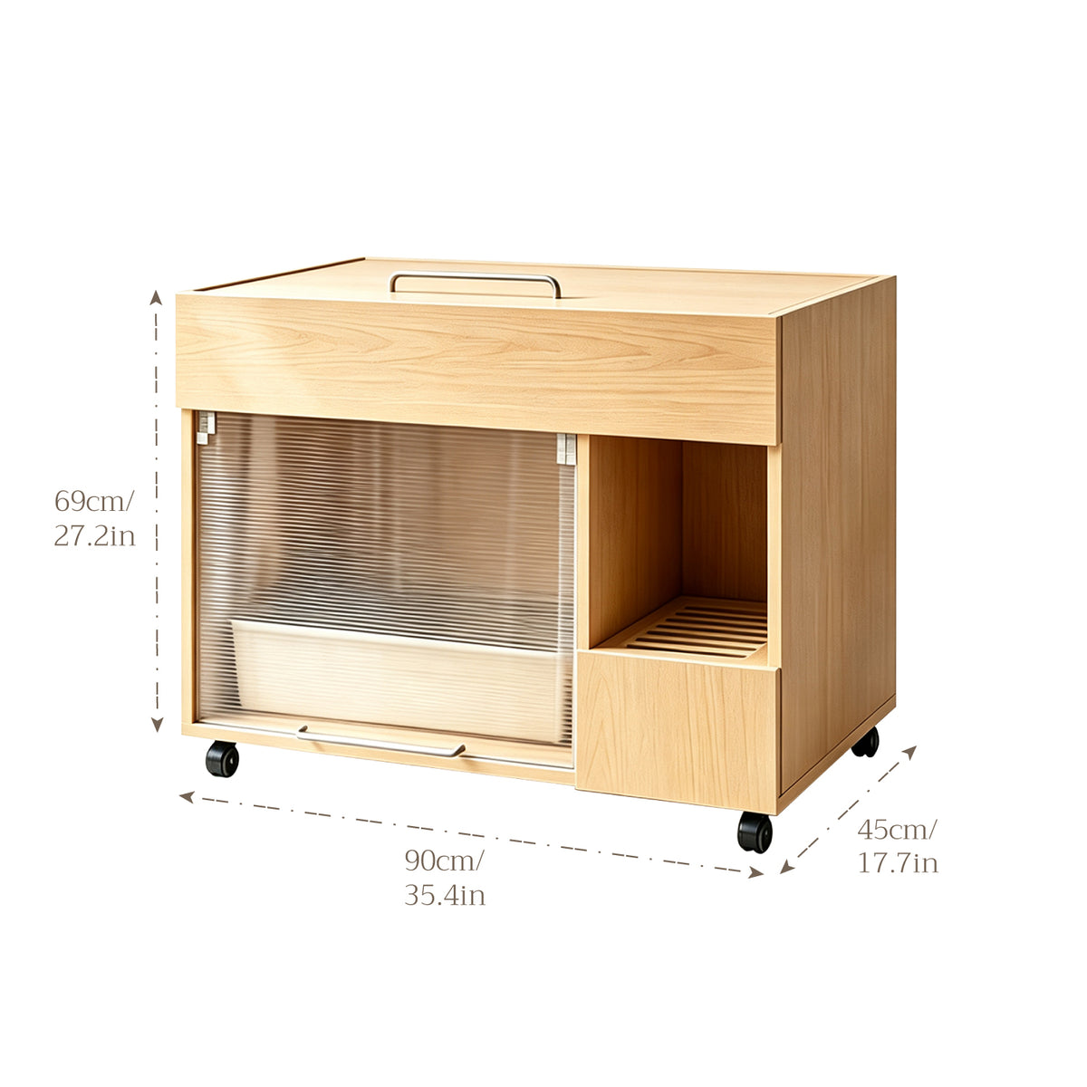 Solid Wood Cat Litter Box Cabinet, Hidden Enclosed Cat Washroom with Wheels, Multi-functional Pet Furniture for Indoor Cats